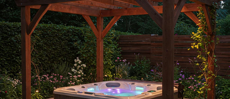 Illuminated hot tub under pergola. ec512f90 43b3 46be 9525