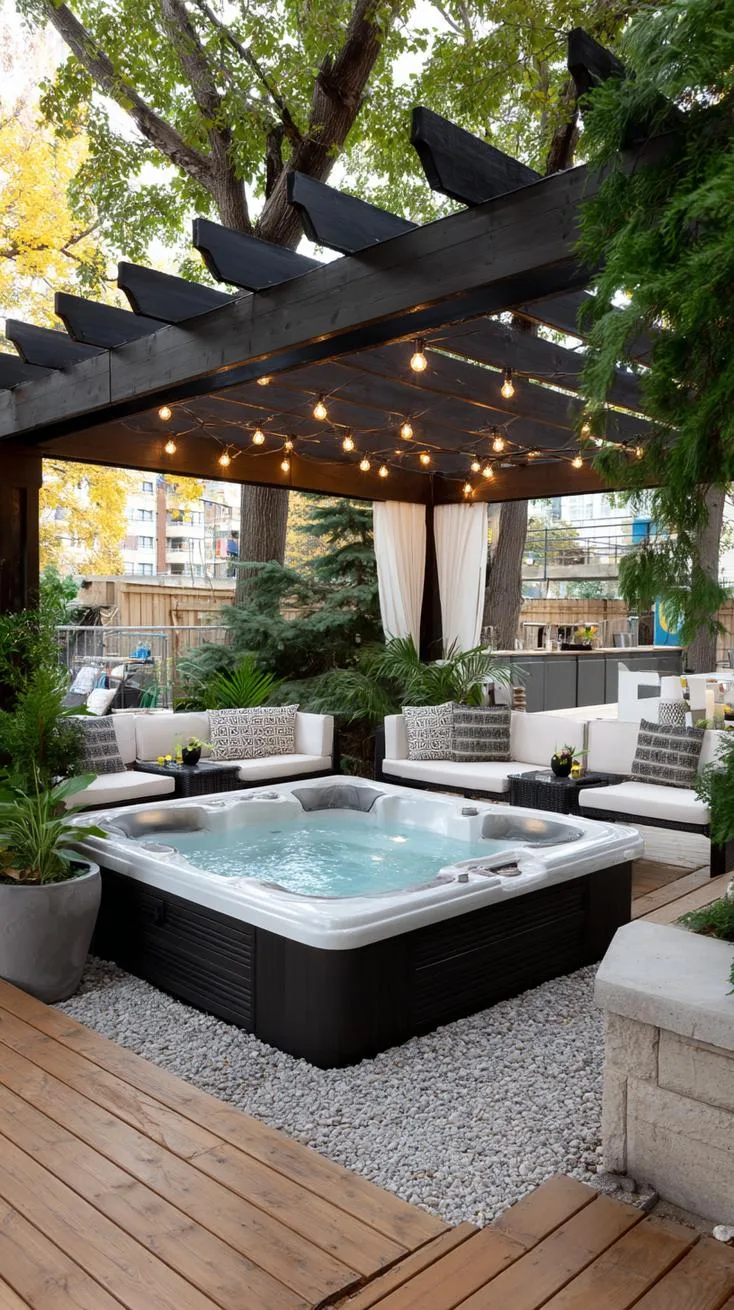 Modern pergola covered hot tub with string lights 3