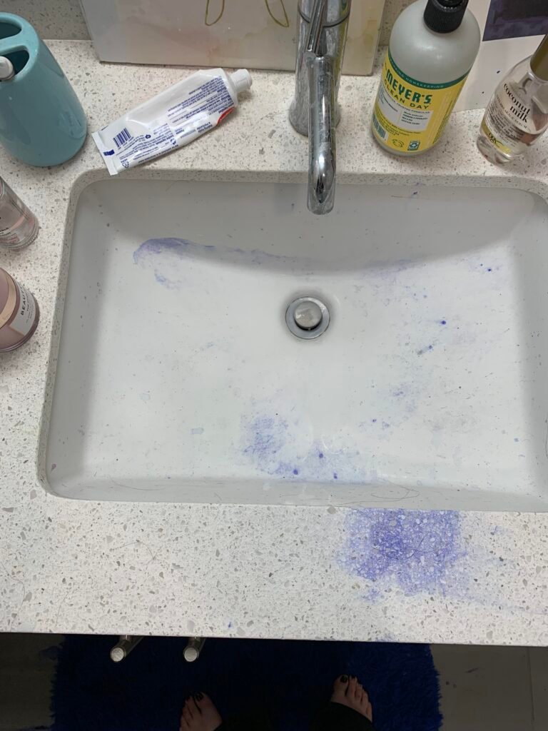 stubborn blue hair dye stains all over bathroom help v0 q83bnrn1czbb1